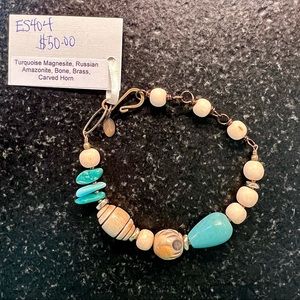Turquoise, brass and carved bone bracelet by Simon and Ruby.